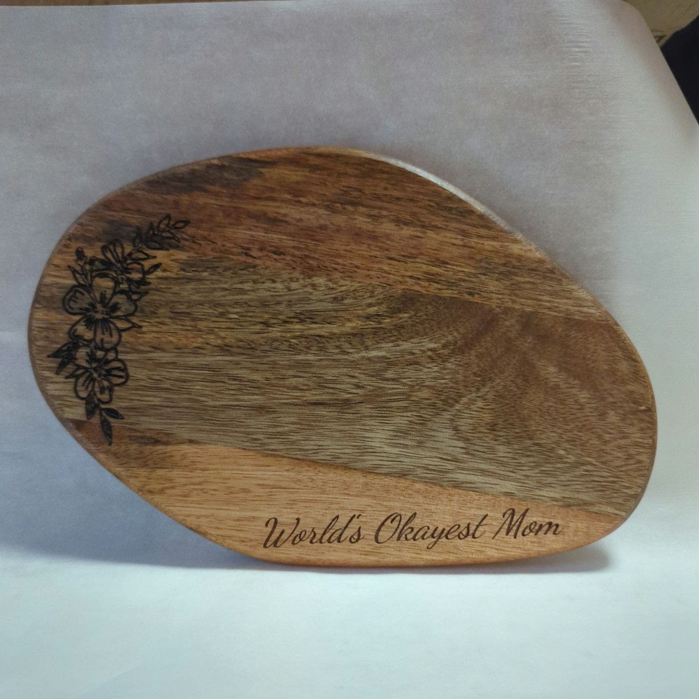 World's Okayest Mom engraved wood cutting board